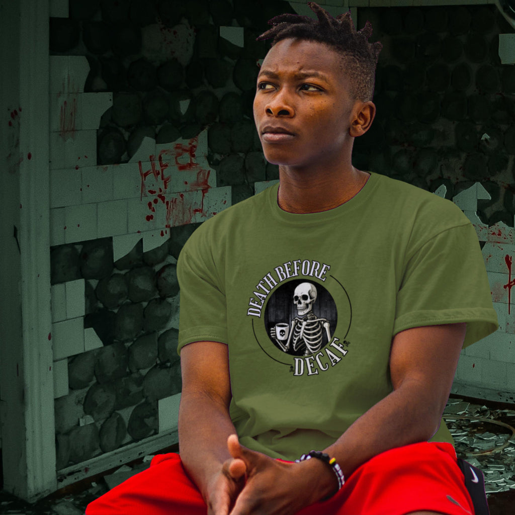 Skeleton "Death Before Decaf" funny minimalist design