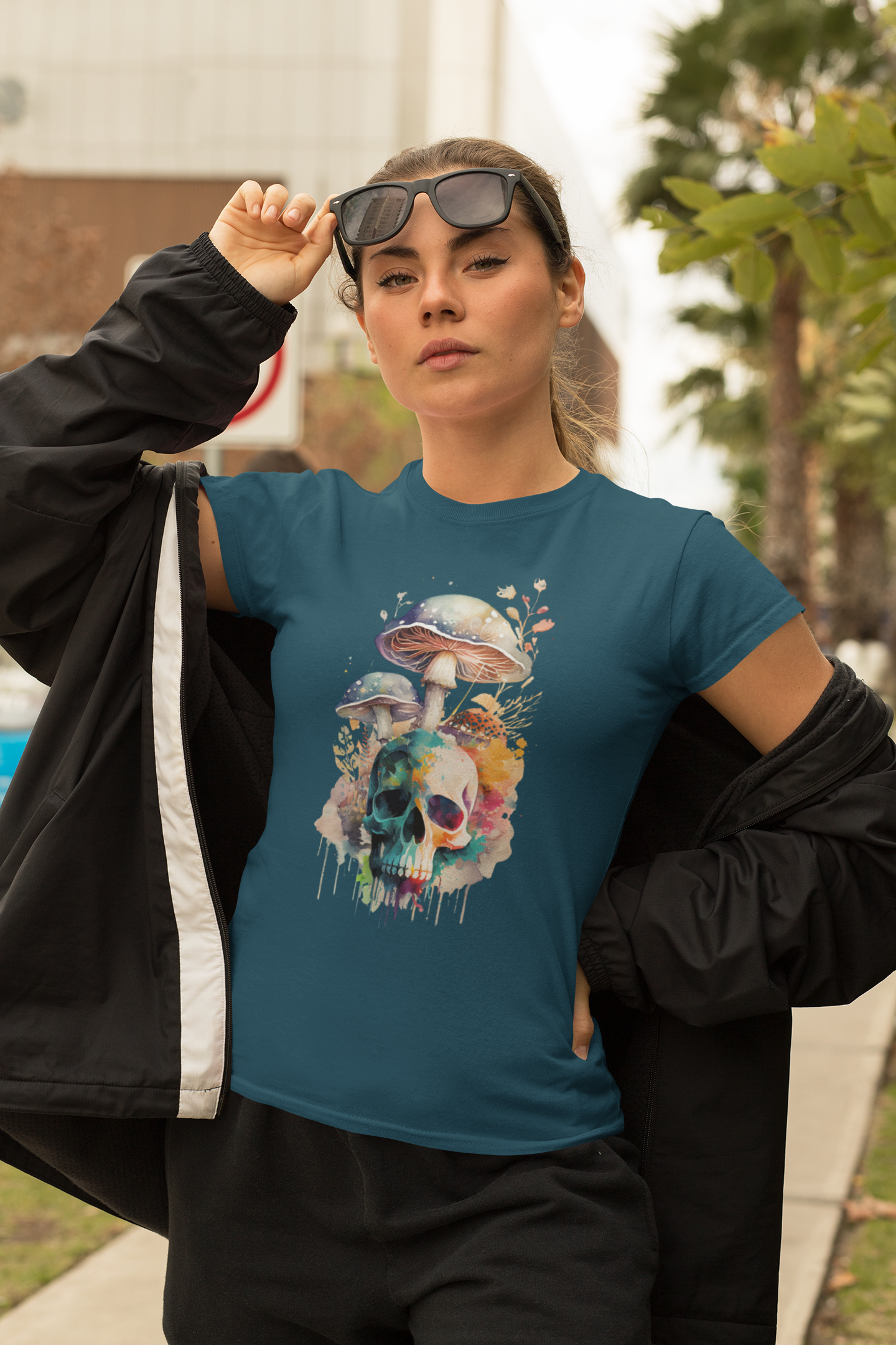 Skull and Mushrooms Watercolor tee